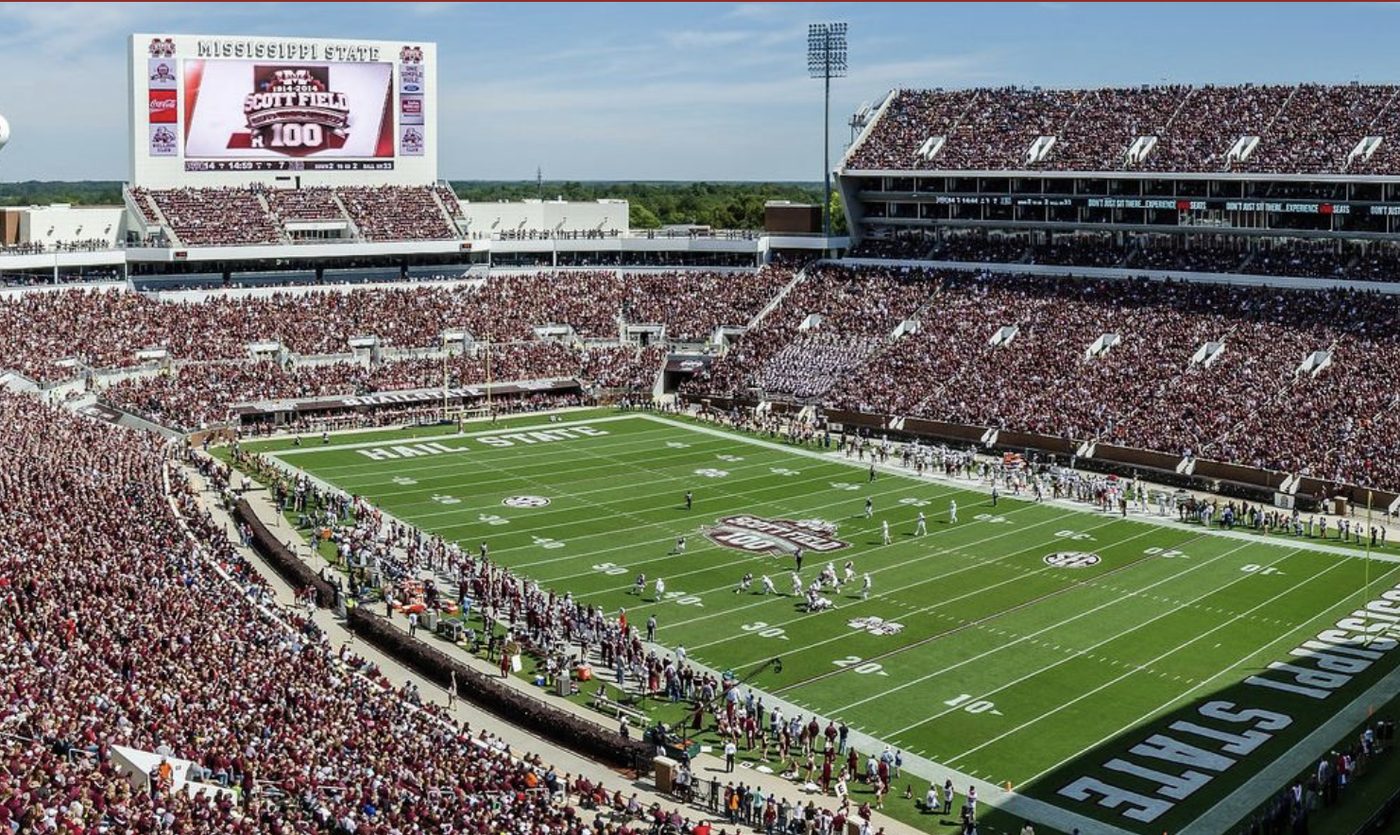 A full Davis Wade Stadium in maroon during a Mississippi State football game