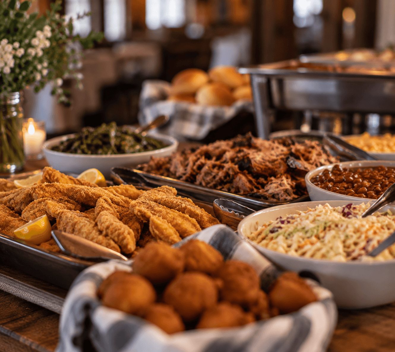 A catering spread of fried catfish, pulled pork, baked beans, coleslaw and hushpuppies